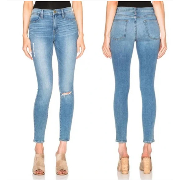 FRAME LE SKINNY DE JEANNE LIGHT WASH BOHO WESTERN DISTRESSED DENIM BLUE JEANS 26 - Picture 3 of 10